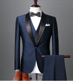 High Quality Navy Blue And Black Groom Tuxedos Groomsmen Best Man Mens Wedding Suits Bridegroom (Jacket+Pants+Vest+BowTie) Custom Made Suits