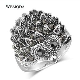 Cute Black Crystal Hedgehog Rings For Women Vintage Antique Silver Animal Biker Ring Men Hip Hop Accessories Fashion Jewellery