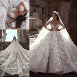 Ball Dubai Arabic Gown Wedding Dresses Illusion Long Sleeves Flowers Full Beading Crystal Cathedral Train Bridal Gowns s