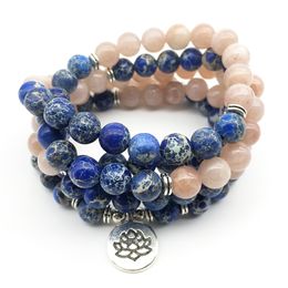 SN1356 On Sale Luxurious Women`s Yoga Bracelet Natural Dark Blue Regalite Stone Bracelet 108 Mala Sun Stone Lotus Necklace