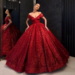 Red Sequined Prom Dresses Deep v Neck Cap Sleeves Ball Gown Evening Dress Puffy Floor Length Women Formal Wear Party Dress Custom Made