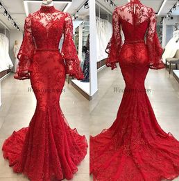 Modest Mermaid Lace Evening Dresses Beaded Sheer High Neck Long Sleeves Prom Gowns Sweep Train Plus Size Formal Dress 407