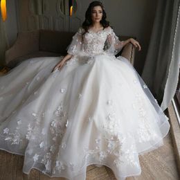 Princess Fairy Wedding Dresses 3D Floral Lace Appliques Sheer Bell Sleeves A-Line Bridal Gowns Organza Dress