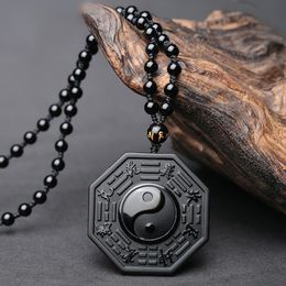 Obsidian Carved Yin Yang Ba Gua Collier Pendentif Naturel Hommes Ornements Energy