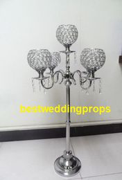 decoration new arrival 90cm height 5-arms metal glass candelabras with crystal pendants, crystal wedding candle holder
