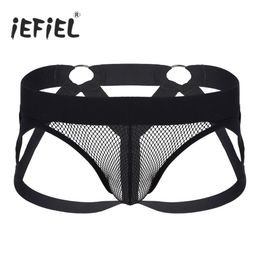 Mens Lingerie See Through Fishnet Bulge Pouch Open Back Hollow Out Strappy Gay Sexy Jockstrap Bondage Briefs Underwear Underpant