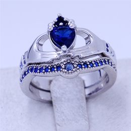 Lovers claddagh ring Birthstone Jewelry Wedding band rings set for women heart Blue 5A Cz White Gold Filled Female Party Ring