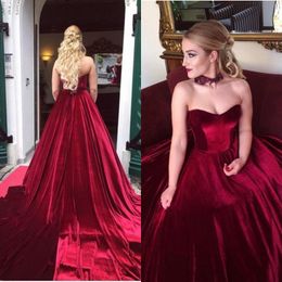 2019 Dark Red Velvet Prom Dresses Sweetheart Sleeveless Lace Appliques Choker Long Formal High Quality Evening Party Gowns Court Train
