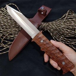 Drop shipping Wood Handle Survival Straight Knife 440C Satin Blade Rosewood Handle Fixed Blade Knives With Leather Sheath