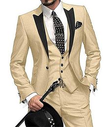 Customize Handsome Groom Tuxedos One Button Beige Peak Lapel Groomsmen Wedding Mens Blazer Party Suits (Jacket+Pants+Vest+Tie) J697