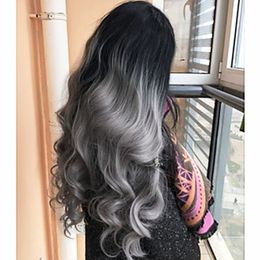 Freies Verschiffen 2 Tone Synthetische Lace Front Perucke Grau Farbe Lange Korperwelle Haar 180 Dichte Hitzebestandige Ombre Perucke Damenmode