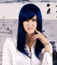 Fashion Womens Long Midnight Deep Blue Straight Hair Cosplay Full Wigs + Cap