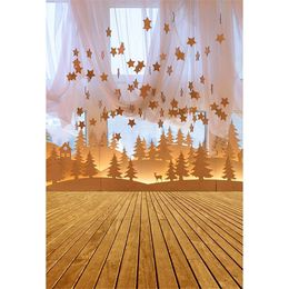 Indoor Window Photography Backdrop Printed Curtain Stars Decor Paper Cut Desert Land Trees Kids Fairy Tale Background Wood Floor