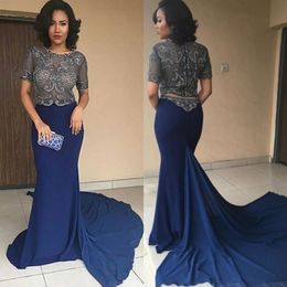 Dark Navy Mermaid Two Pieces Evening Dresses With Short Sleeves Beaded Prom Gowns Sweep Train Vestidos De Fiesta Lace Appliqued Formal Dress