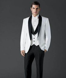 Classic Design Ivory Groom Tuxedos Black Shawl Lapel One Button Groomsmen Mens Wedding Tuxedos Excellent Man Suit(Jacket+Pants+Vest+Tie)103