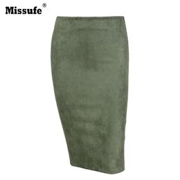 Wholesale-Missufe 2017 Bodycon Pencil Skirt Side Zipper Sheath Autumn Winter Women Skirt Split Suede Leather Skirts For Women Faldas Mujer