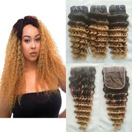 Brazilian Virgin Hair 3Bundles With 4*4 Lace Closure 1B/27 Honey Blonde Human Hair Weave Deep Wave Bundles With Closure Two Tone Colours