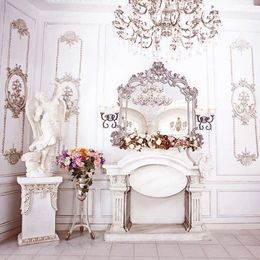 Luxury Wedding Background for Photo Studio Printed Statue Dressing Mirror Chandelier White Wall Indoor Photography Backdrops