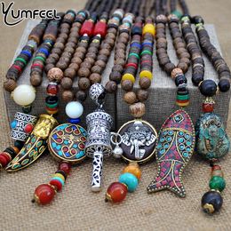 whole saleYumfeel Handmade Nepal Jewelry Buddhist Mala Wood Beads Pendant Necklace Ethnic Horn Fish Long Statement Necklace For Women Men