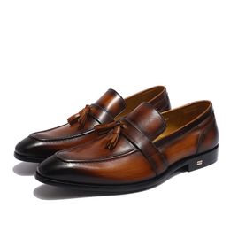 Handmade Painted Mens Brown Tassel Loafers Genuine Calf Leather Pointed toe Male Wedding Dress Shoes Casual Footwear