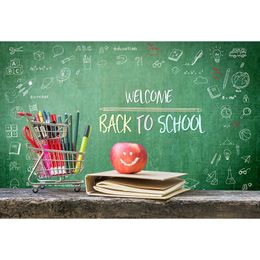 Back to School Backdrop Dark Green Teaching Board White Chalk Drawings Printed Shopping Cart Baby Kids Children Photo Background