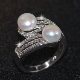 2018 New Arrival Top Selling Luxury Jewelry 925 Sterling Silver Two Pearl Pave CZ Diamond Party Office Women Band Ring For Lovers' Gift