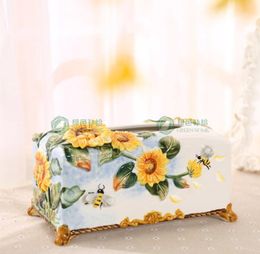 ceramic sunflower tissue box Case home decor crafts room decoration paper holder ornament porcelain figurines wedding decoration