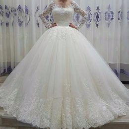 Gorgeous White Long Sleeve Wedding Dress Beaded Bride Lace Up Custom Made Bridal Gowns QC1089