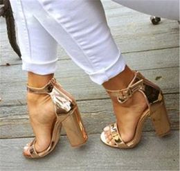 New Design Women Fashion Peep Toe Rose Gold Chunky Ankle Strap Patent Leather Thick Heel Sandals Dress
