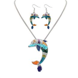 Colorful dolphin necklace earring set Euramerican sweater chain pendant necklace women bardian accessories gift free ship