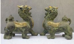 Chinese Royal old Bronze Door Guardian Foo Dogs Dragon Lion Unicorn Pair Statue