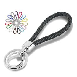 15 Colours PU Leather Braided Woven Rope Double Rings Fit DIY bag Pendant Key Chains Holder Car Keyrings Men Women Keychains
