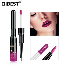 Qibest 2 in 1 Waterproof Liquid Matte lipstick Long Lasting Velvet Lip gloss Double Head Lip stick Lipliner Beauty Lips Makeup
