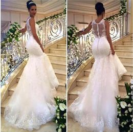 Charming Lace Mermaid Arabic Wedding Dresses 2018 Illusion Back Plus Size Wedding Gowns Court Train Dubai Beach Cheap Bridal Gowns