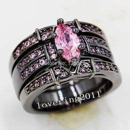 choucong Marquise Cut Pink stone 5A Zircon stone 14KT Black Gold Filled 3 Wedding Band Ring Set Sz 5-11 Gift