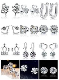 mix 12 style Luxury Cubic Zircon Crystal Stud Earrings S925 Platinum Plated Bow Clover crown love heart Round Square Stud Earrings