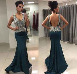 2019 Mermaid Evening Dress Beaded Crystals Long Backless Formal Holiday Celebrity Wear Prom Party Gown Custom Made Plus Size