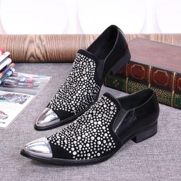 2018 Handmade Summer Black Leather iron Toe man's leather shoes classic diamond tip fashion show party shoes for man,big size 38-46