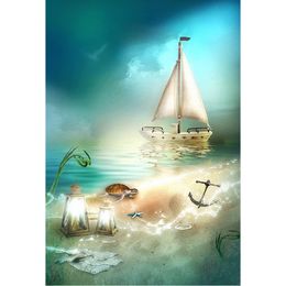 Newborn Baby Kids Cartoon Photo Backgrounds Printed Blue Sky Sailboat Lighted Lanterns Turtle Seaside Beach Photography Backdrop