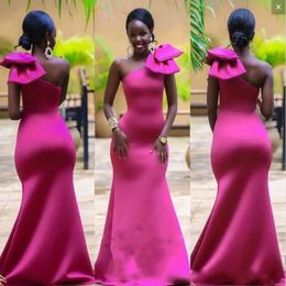 Bright Fuchsia Mermaid Prom Dresses With Big Bow On One Shoulder South African Satin Evening Gowns Floor Length Formal Party Dress