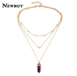 NEWBUY Fashion Natural Stone Choker Necklace Hot Sale Trendy Heart Double Layers Gold-Color Chain Women Pendant Necklace