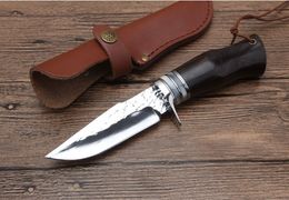 China Made Survival Straight Knife Hunting Knife 7Cr17 Satin Blade Ebony Handle Fixed Blade Knives With Leather Sheath