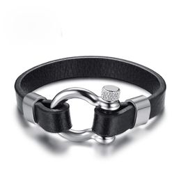 Bracelet en cuir véritable noir Bracelet pour homme en acier inoxydable Vis de Vis de Vis à vis unique Design Bijoux unique 21cm