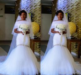 2018 Cheap African Mermaid Wedding Dresses Sweetheart Tulle Beaded Crystal Pleated Ruched With Wrap Jacket Vestidos Plus Size Bridal Gowns
