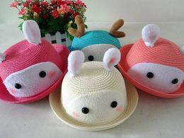 Delicate children straw hats with cartoon rabbit creative ear baby hats girls bucket hat boys cap witch beach hat caps free ship