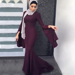 Grape tumpet Long Evening Dresses Elegant Muslim Dresses Vestidos Jewel Neck Flare long Sleeves Mermaid Fitted Prom Gowns