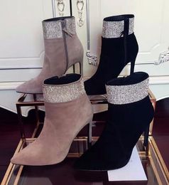 2018 Women Ankle Boots Crystal Thin Heel Boots Pointed Toe High Heel Black Suede Boots Sexy Ladies Female Party Shoes