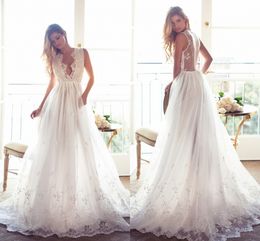 Designer Sexy New Bohemian Chiffon Lace Dresses Sweep Train Backless A Line Deep V Neck Wedding Bridal Gowns High Quality