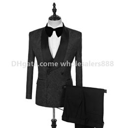Hot Selling Groomsmen Black Pattern Groom Tuxedos Shawl Satin Lapel Men Suits Side Vent Wedding/Prom Best Man ( Jacket+Pants+Tie ) K966