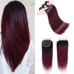 Coloured Brazilian Burgundy Virgin Hair Bundles With Lace Closure 1B/99j Brazilian Ombre Straight Human Hair Weaves Extensions With Closure